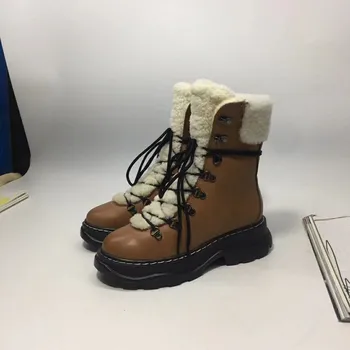 

Winter Wool Vulcanized Women's Boots Genuine Leather Plush Platform Fashion Casual Short Boots 2109 New High-top Women's Shoes