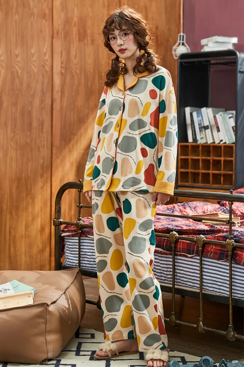 

7069 Pajamas Women's Spring And Autumn Cardigan Pure Cotton Korean-style Piece Tracksuit Sweet Long Sleeve Pajamas WOMEN'S Suit