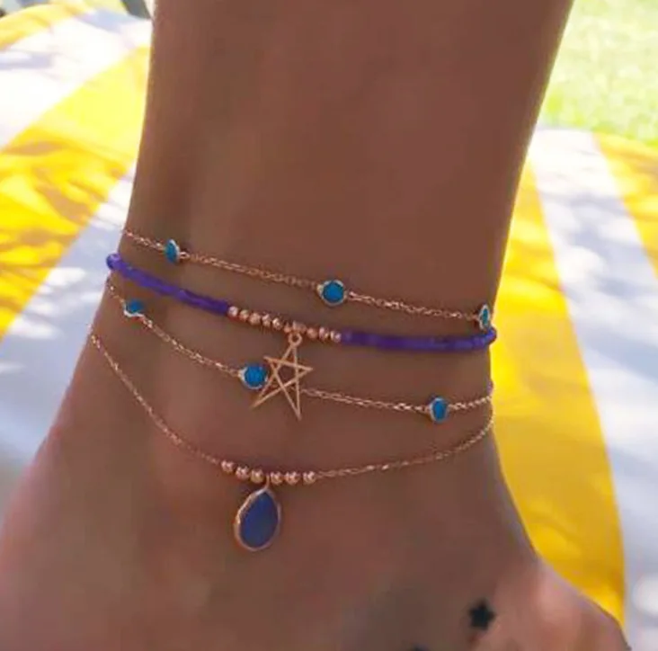 Fashion Cool Wind Rice Beads Hollow Stars Multi-Layer Anklet round Sapphire 4-Piece Set | Украшения и аксессуары