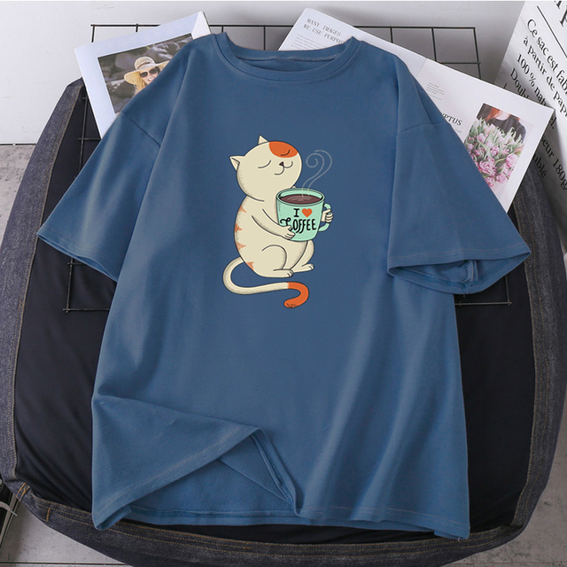 Love Cat Print O-neck 2021 T-shirts Woman Hip Hop Streetwear Tops Fashion High Quality Clothing Short Sleeve Tees K-pop Female