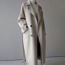 Зимнее шерстяное пальто женский широкий лацкан и пояс двубортный более размер d Элегантное Длинное Пальто плюс размер дамское пальто куртка верхняя одежда