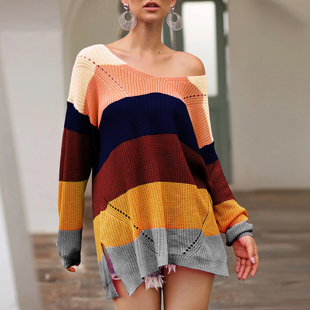 

Autumn Winter Knit Sweater Rainbow Stitching undefined Loose Sweaters Long Sleeve Half off shoulder Pullover pull femme hiver