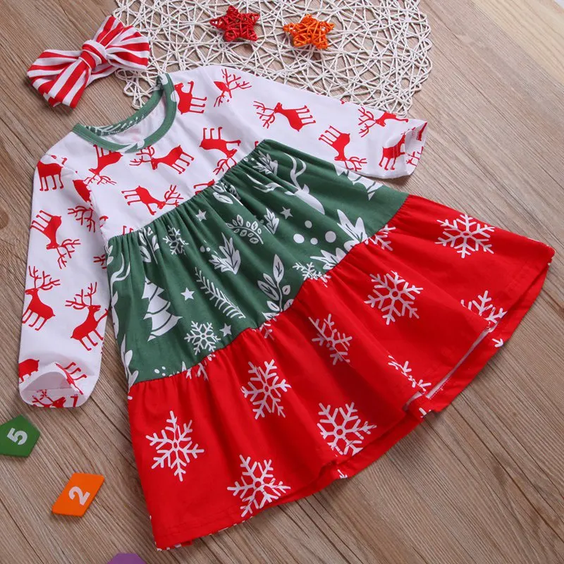 Hilittlekids/комплект одежды из 2 предметов для маленьких девочек Детские Рождественские Платья с цветочным рисунком и оленем Повседневный Сарафан-пачка с длинными рукавами+ повязка на голову