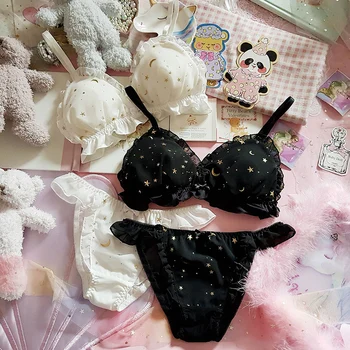 

Wriufred Cute romantic girl bra set heart starry sky moon chiffon wire free triangle cup bralette sweet student underwear