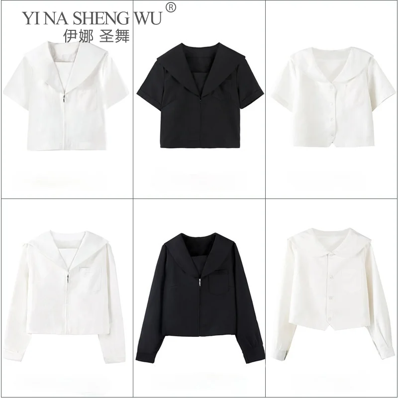 Women Sailor Suit Shirts Short/Long Sleeve Crop-Tops School Uniform JK Kawaii Fresh Girls Solid Pleated Elegant All-Match