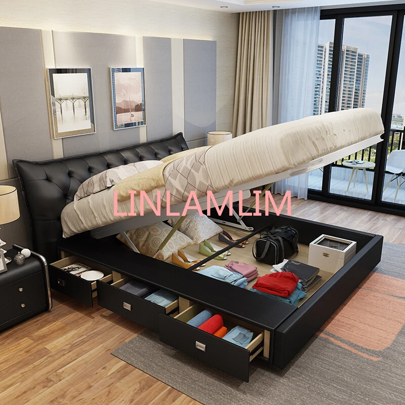 Genuine Leather bed frame camas кровать двуспальная lit beds سرير muebles de dormitorio мебель cama de casal storage drawers