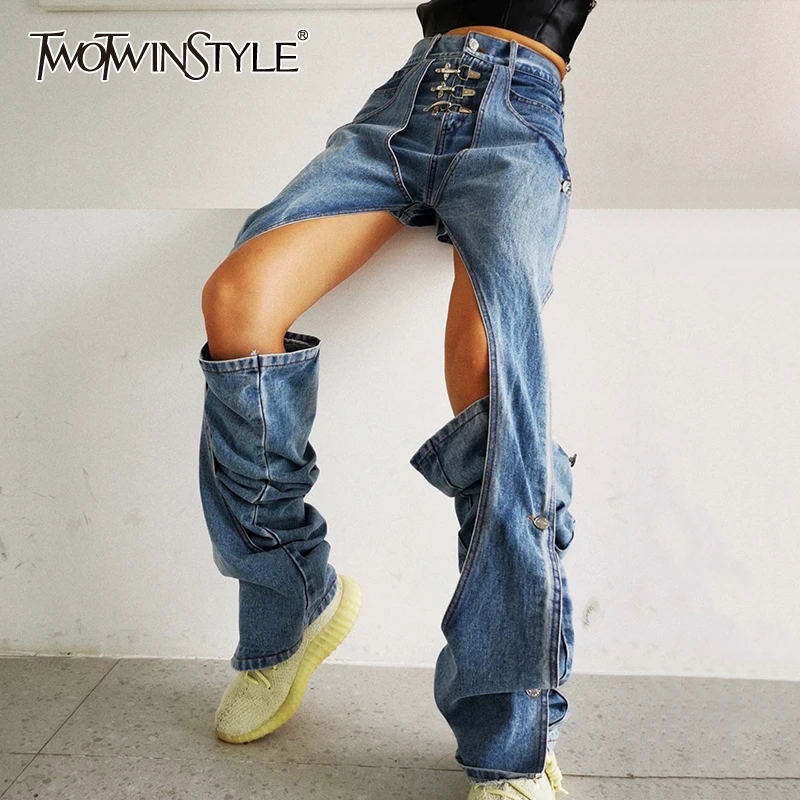 TWOTWINSTYLE Elegant Hollow Out Women Jeans High Waist Denim casual Wide Leg Pants For Female Fashion Clothes 2020 Summer Tide
