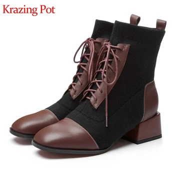 

Krazing pot genuine leather cross -tied round toe med heels model runway sweet sock boots keep warm stretch mid-calf boots L65