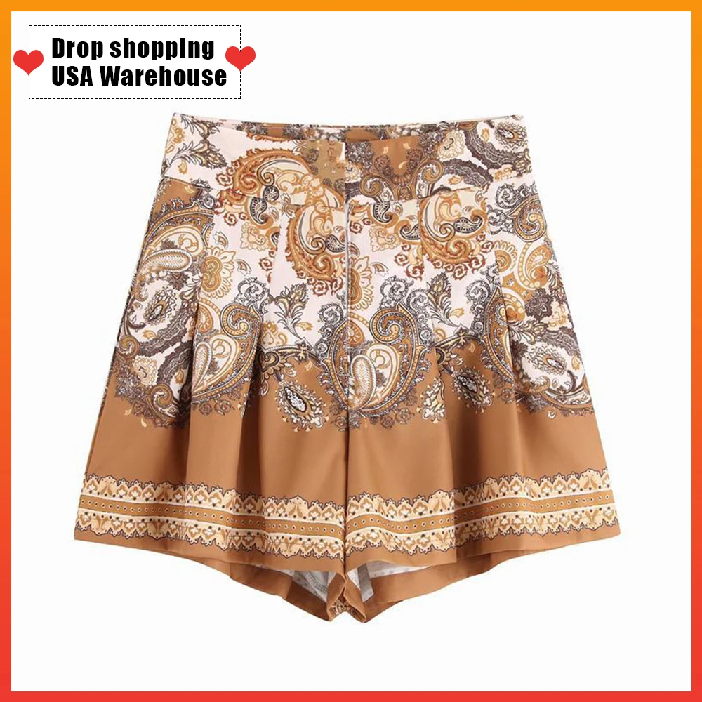 

OUSHANG Bermuda Shorts Ladies Retro Court Style Casual Zipper Pantalones Cortos 2020 Women Vintage Totem Flower Print Pleats