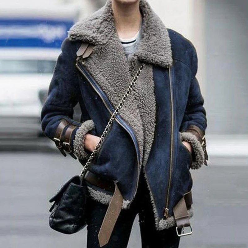 Зимнее теплое меховое кожаное пальто, женская мотоциклетная куртка, замшевая куртка, женское меховое пальто, женские зимние пальто - Цвет: Синий