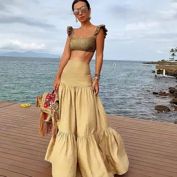 

Fashion Women Two Pieces Set Bare Navel Lotus Leaf Sides Pattern Sling Short Style Tops And Khaki High Waist Ground Long Skirt