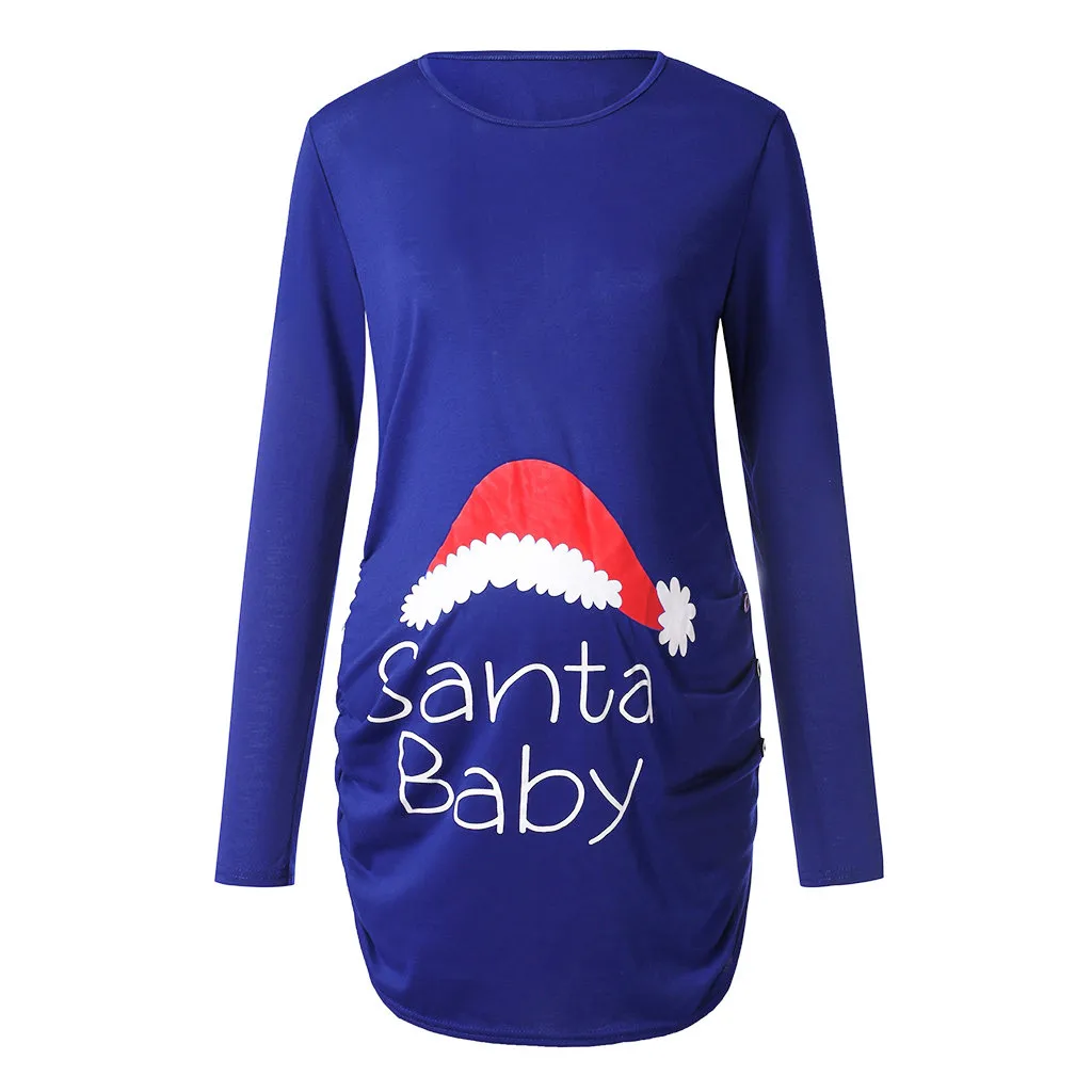 Одежда для кормящих матерей, футболка для женщин, принт, Рождество, сбоку, с рюшами, длинный рукав, для беременных, Одежда для беременных# C - Цвет: M