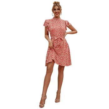 

Summer Print Dress Women Casual Sleeve Ruffles Medium Long Dress