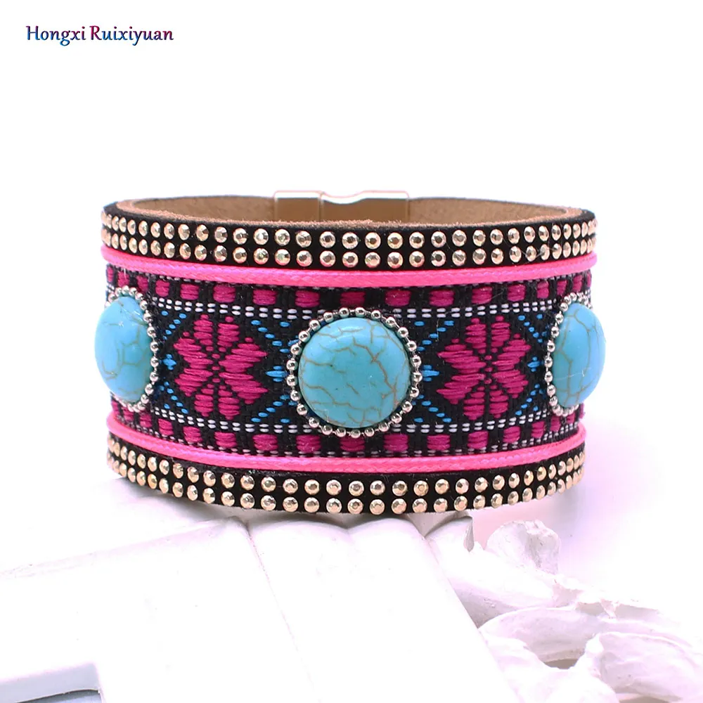 Turquoise color Кожаный браслет, синий кристалл, камень, браслеты для женщин, богемный, Европейский, Ретро стиль, узор, шарм, магнитная пряжка, браслет, ювелирное изделие - Окраска металла: Turquoise color