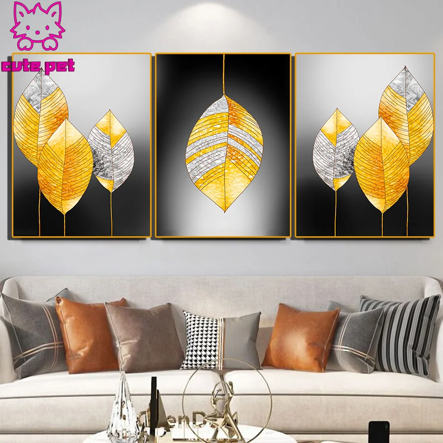 

Набор для алмазной вышивки «сделай сам», мозаика с золотыми листьями 5D, полная выкладка, в скандинавском стиле, современное искусство, 3 шт.