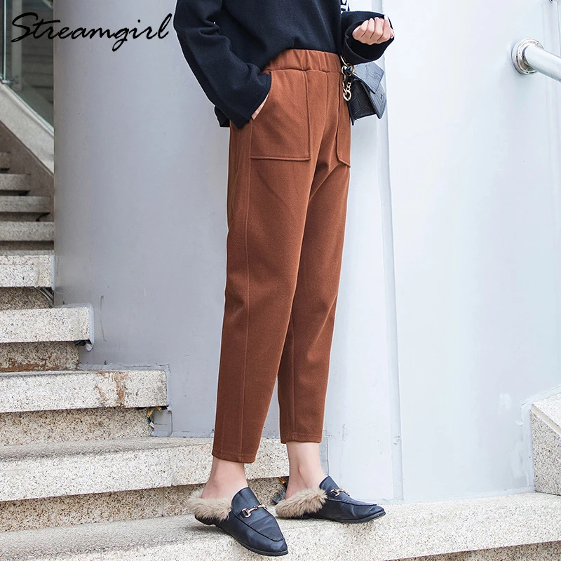 Winter Woolen Pants For Women Vintage Autumn Thick Trousers Woolen Loose High Waist Harem Black Thicken Wool Pants Capris Warm Winter Woolen Pants For Women Vintage Autumn Thick Trousers Woolen Loose High Waist Harem Black Thicken Wool Pants Capris Warm