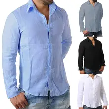 Однотонные мужские рубашки из хлопка и льна, мужские рубашки с отложным воротником и длинным рукавом, мужские рубашки
