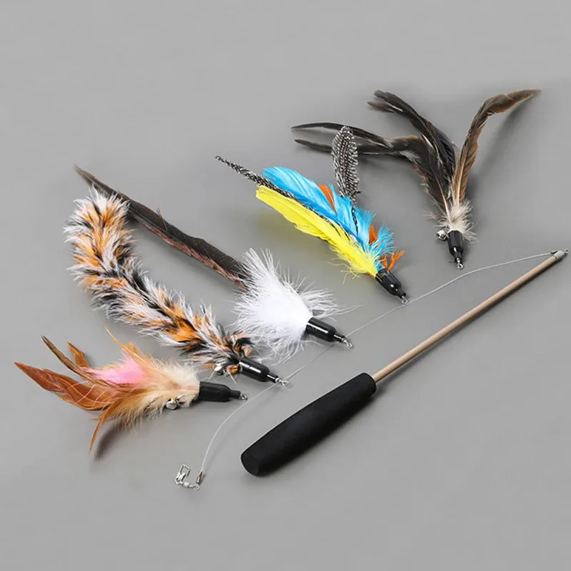 

Retractable Fishing Pole Wand Toy And 5 Replacement Feather Fish Toy Interactive Cat Teaser Set Fish toy for kitten