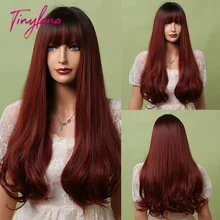 TINY LANA Black Root Red Wine Wigs with Bangs Long Wavy Synthetic Wigs for Women Cosplay Party Daily Female Heat Resistant