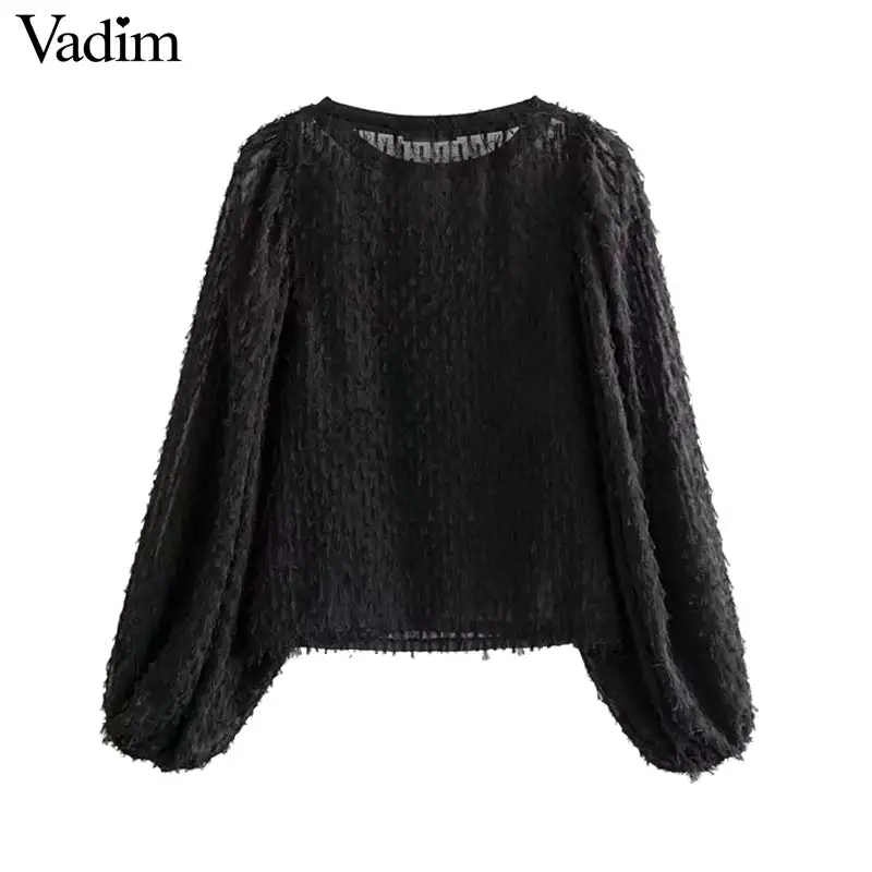 

Vadim women stylish tassel patchwork blouse transparent long sleeve O neck shirts female see through sexy tops blusas LB622