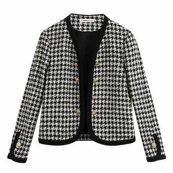 

2020 spring women's new round neck long sleeve button decoration color block twill soft tweed small fragrant short coat
