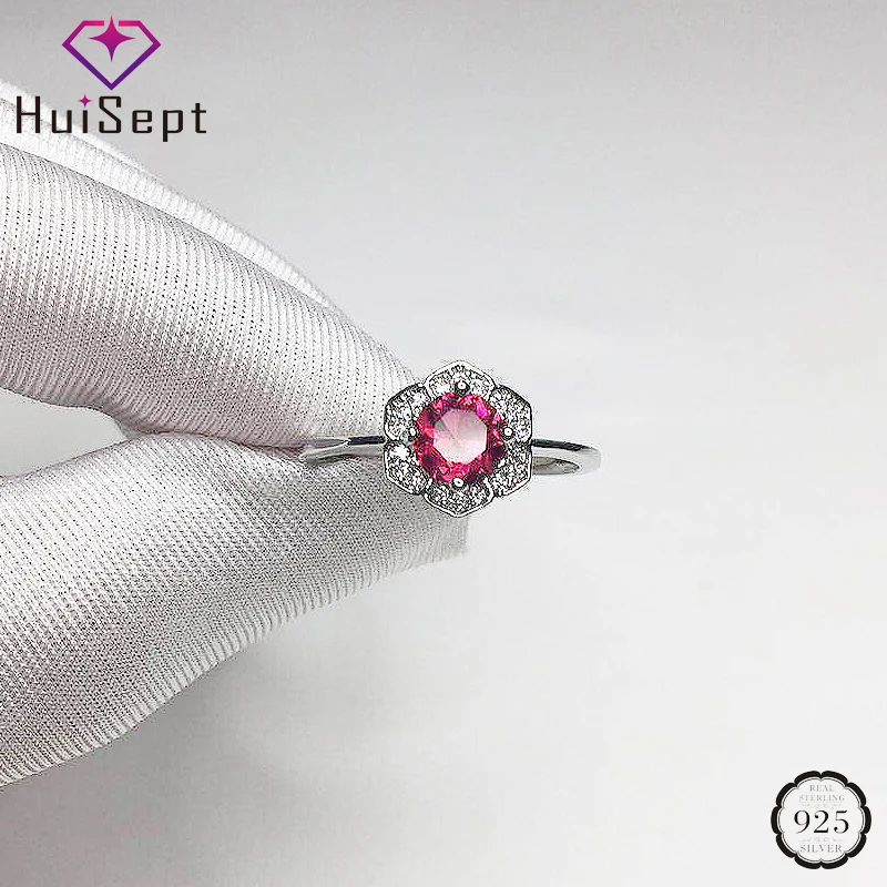 HuiSept Charm Rings for Women 925 Silver Round Ruby Zircon Gemstones Flower Shaped Ring Jewelry Accessories Wedding Engagement HuiSept Charm Rings for Women 925 Silver Round Ruby Zircon Gemstones Flower Shaped Ring Jewelry Accessories Wedding Engagement