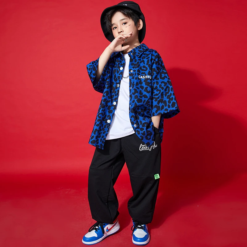 

Kids Hip Hop Clothing Blue Print Oversized Leopard Shirt Top Streetwear Jogger Pants for Girls Boy Dance Costumes Clothes