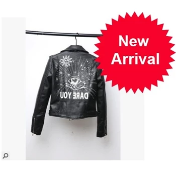 

Printed Letters Women Pu Leather Jacket biker Moto Black Faux Jacket female pattern Black rivet Hip hop Short zipper Coat