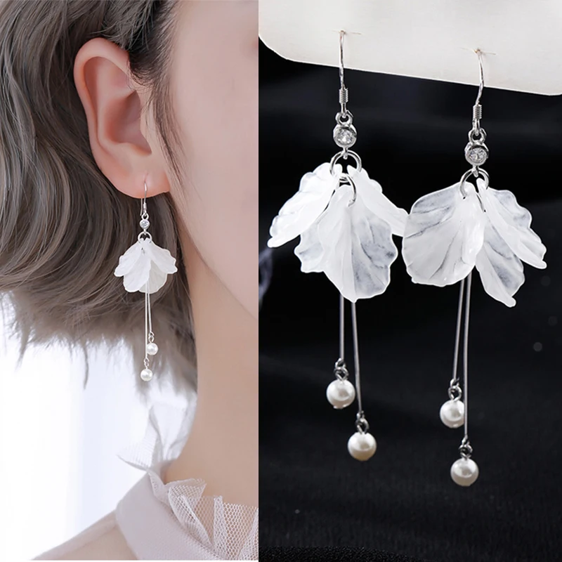 

Preserved Fresh Flower White Earrings Pearl Dangle, S925 Sterling Silver Inspired Earring Jewelry Gift for Girlfriend Sister Mom