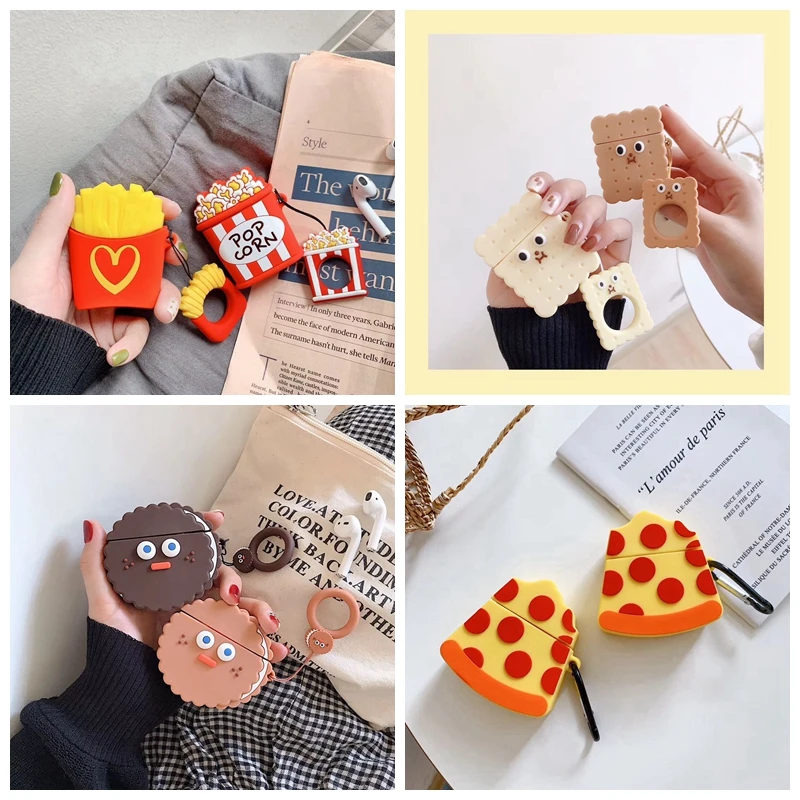 

For AirPods Case 3D Cute Cookie Pizza Biscuits Earphone Cases For Apple Airpods 2 Funny Protect Cover with Finger Ring Strap