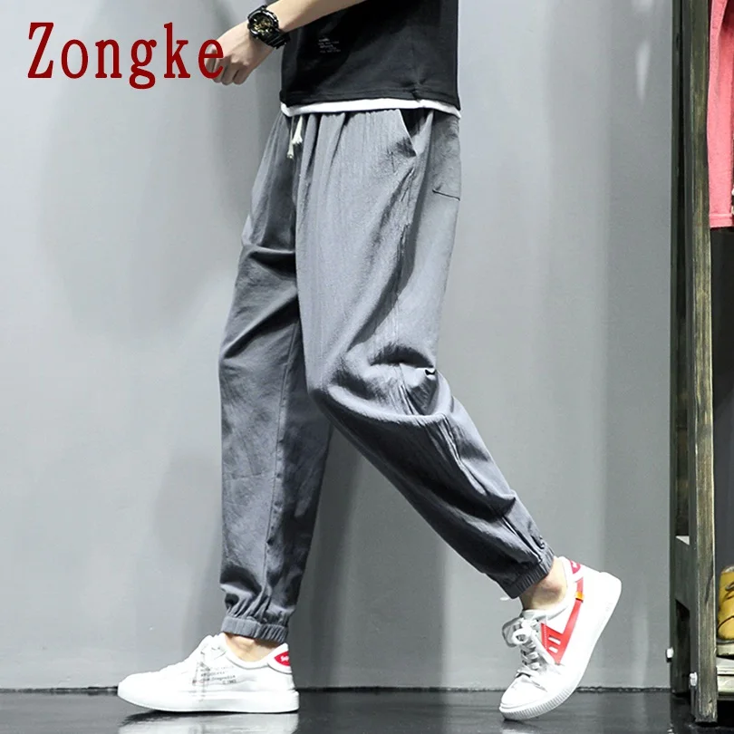 Zongke льняные спортивные штаны, мужские брюки для бега, мужские брюки, уличная одежда, спортивные штаны, шаровары, мужские брюки, 5XL, хип-хоп, осень