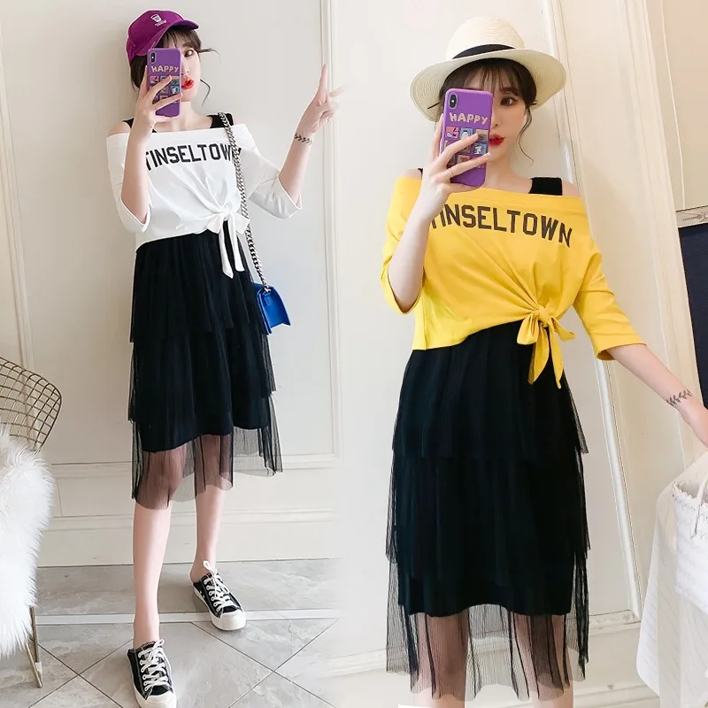 

2019 Spring And Summer New Style Large Size Plus-sized Womenswear Mm Horizontal Neck Three-quarter Sleeve T-shirt + Gauze Cake V