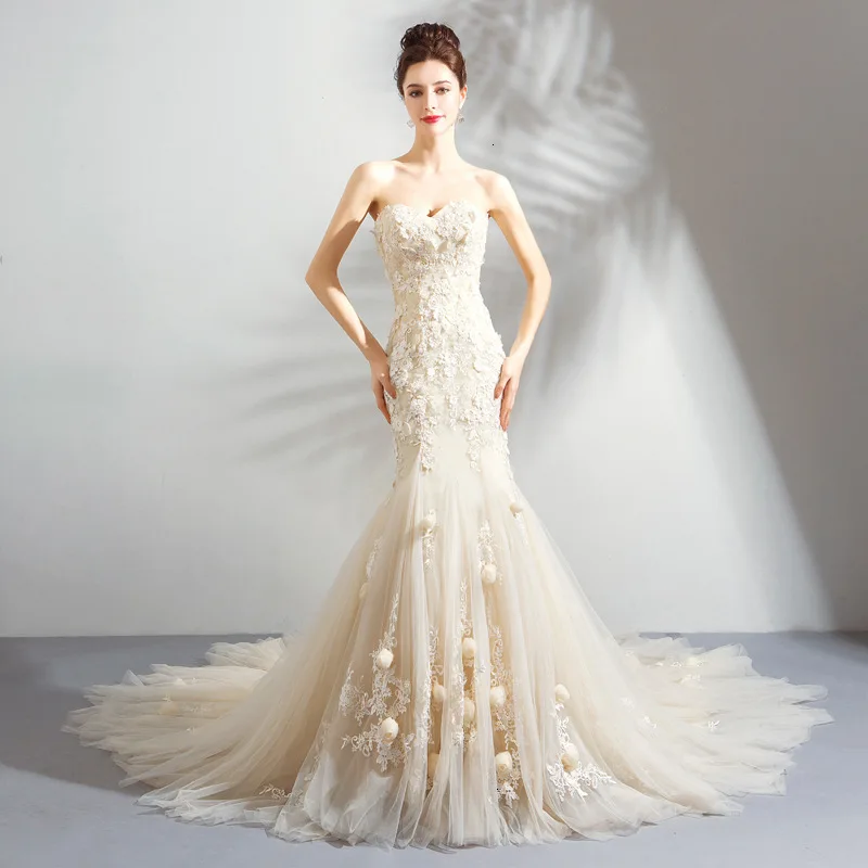 Хит, Vestido De Noiva, принцесса, без рукавов, милое, Русалка, тюль, свадебное платье с аппликацией, с длинным шлейфом, 3D цветок
