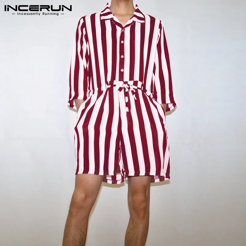 INCERUN, корейская мода, Мужской Ретро стиль, в полоску, 3/4 рукав, с отворотом, комбинезон, Повседневный, элегантный, свободный пояс, для мужчин, s, уличные комбинезоны, комбинезоны
