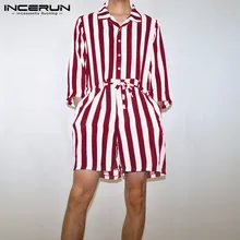 INCERUN, корейская мода, Мужской Ретро стиль, в полоску, 3/4 рукав, с отворотом, комбинезон, Повседневный, элегантный, свободный пояс, для мужчин, s, уличные комбинезоны, комбинезоны