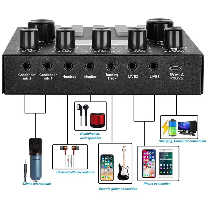 Live Streaming PC Computer IPhone Broadcasting V8S Sound Card 10 Sound Effects 3 Inputs Mic Input