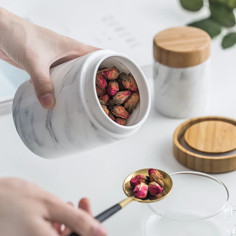 Ceramic Sealed Jars and Wooden Lid Home Kitchen Storage Can Bulk Container for Seasoning Food Spice Tea Coffee Sugar