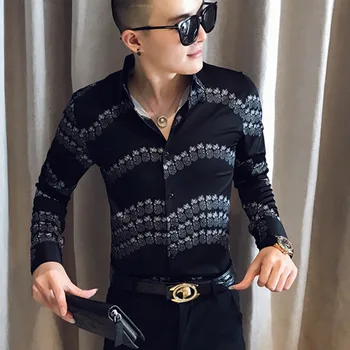 

Balck White Hawaiian Shirt Men Long Sleeve Casual Slim Fit Shirts Men Dress Designer Social Streetwear Male Clothing Camisa
