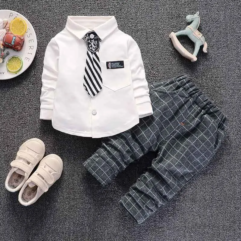 Комплект одежды в джентльменском стиле для мальчиков; сезон весна-осень; рубашка с галстуком+ брюки в клетку; вечерние комплекты одежды из 2 предметов для малышей