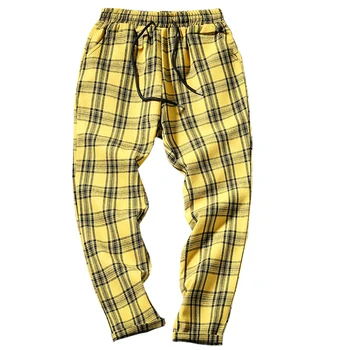 

2019 Mens street plaid pants Casual Pants Men's Cotton Slim Jogging Pants Korean Sweatpants Men's Yellow Black Summer trousers