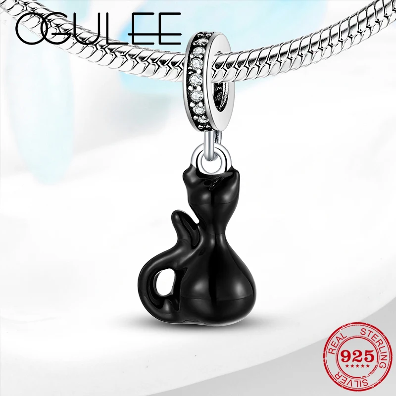 

925 Sterling Silver Pendant Meek and well-behaved kitten Black Enamel Fine Beads fit Original Pandora Charm Bracelet DIY Jewelry
