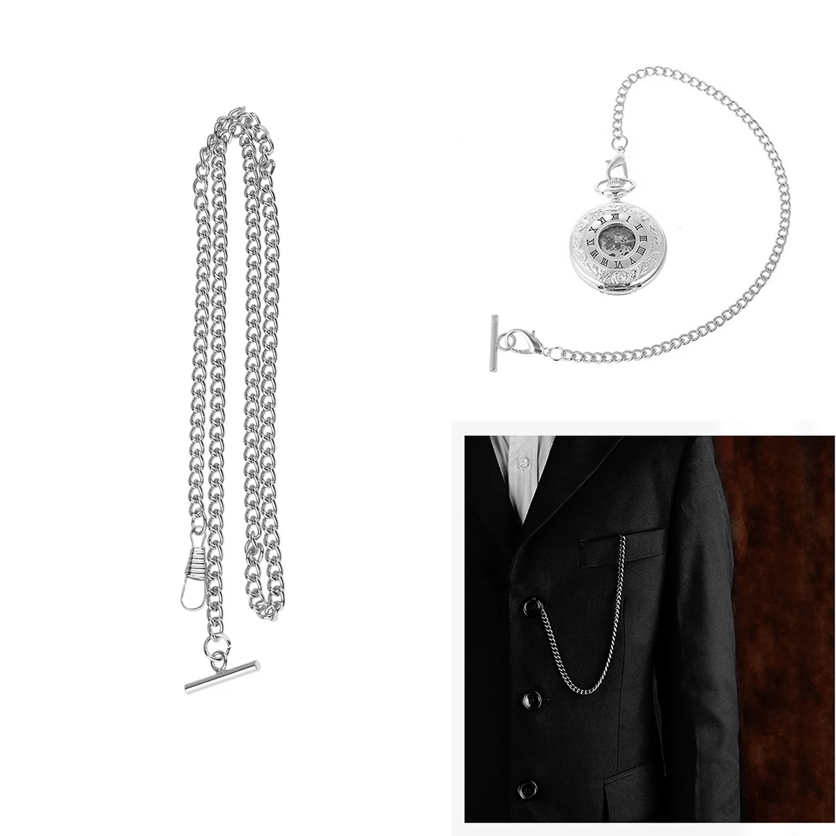 

Vintage Pocket Watch Albert Chain T Bar Lobster Clasp Coat Vest Jeans Decor Holder Chains DIY Metal Link Clip Clothing Accessory