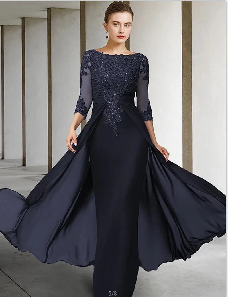 Elegant Wedding Guest Dresses Long Applique Women's Evening Dress Chiffon Formal Sheer Neck Mother of the Bride Dress