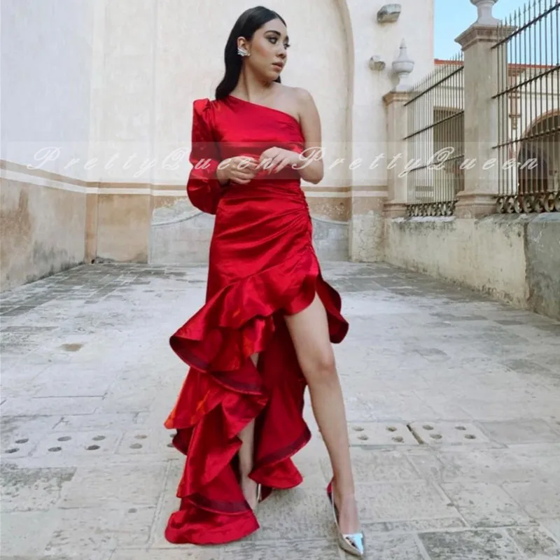 Red Ruffles High Low Mermaid Prom Dresses With One Long Sleeves 2021 Women Robe Bustier Femme Formal Dress Party Gown Prom Dresses Aliexpress