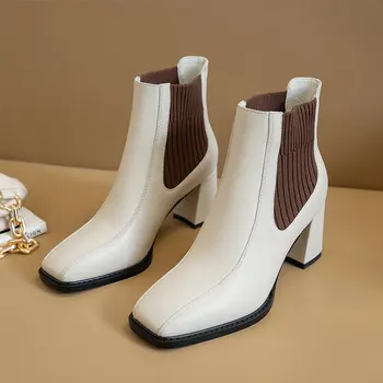 

Genuine Leather knitting boots Elegant Classic Women Boots high Hels ladies boots 2020 Newest Office Lady Shoes Woman
