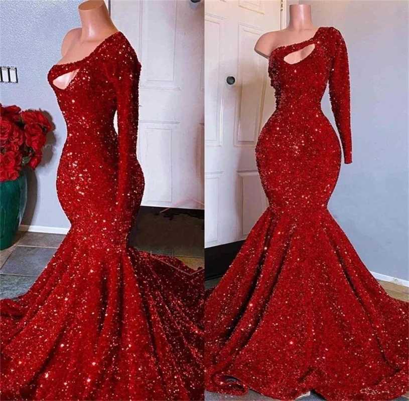 modest prom dresses Sparkly Red Prom Dresses One Shoulder Long Sleeves Sexy  Mermaid Evening Dress Sweep Train Celebrity Party Gown pink prom dress