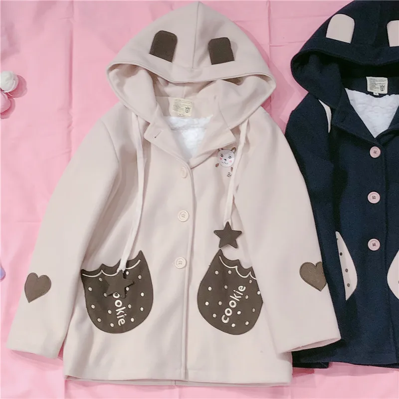 Winter Soft Girl Cute Bear Embroidery Coat Mori Girl Biscuit Pocket Plush Woolen Jacket Preppy Style Cartoon Hooded Outwear Tops - Цвет: Хаки