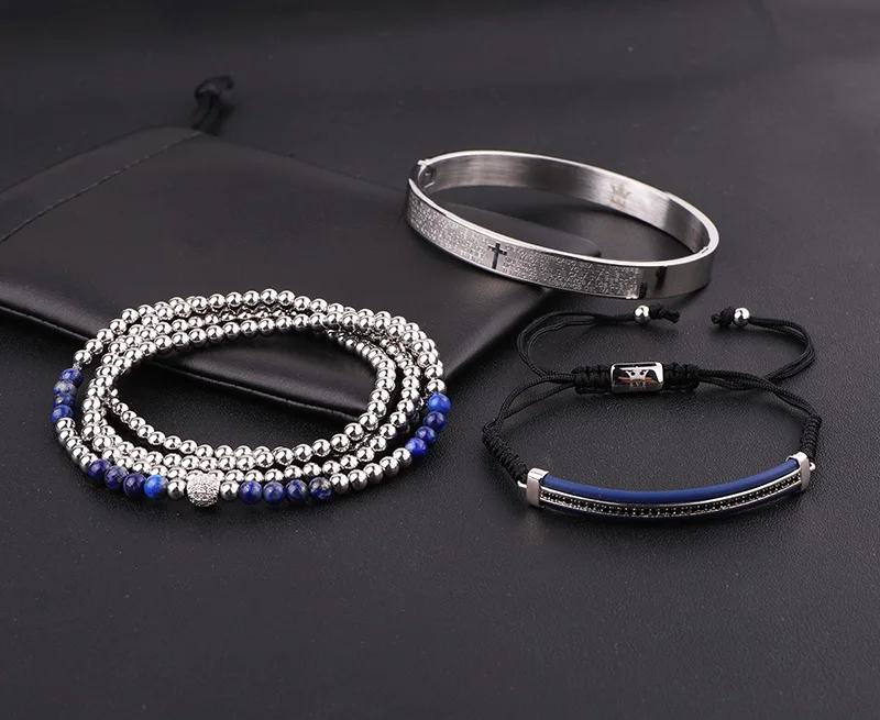 Jaravvi High Quantity Stainless Steel Cross Bangle Cord Braided Macrame Friendship Bracelet Set Men - Image 3