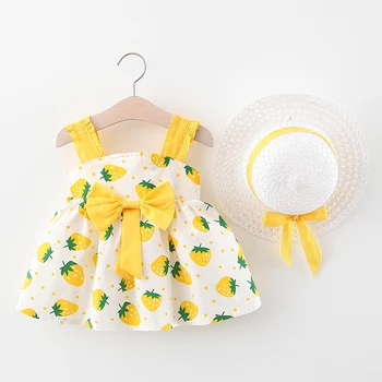 

Baby Girl Clothes Cotton Print Baby Dress Bow Hat 2 Piece Baby Clothes Set Infant Toddler Clothing Girl Outdoor Beach Sundress
