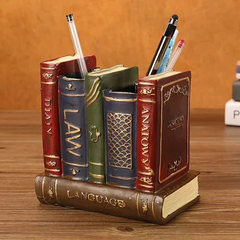 

Sundries Storage Book Shape Two Compartment Resin Decoration Vintage Multifunction Practical Desk Durable Pen Holder Office Home